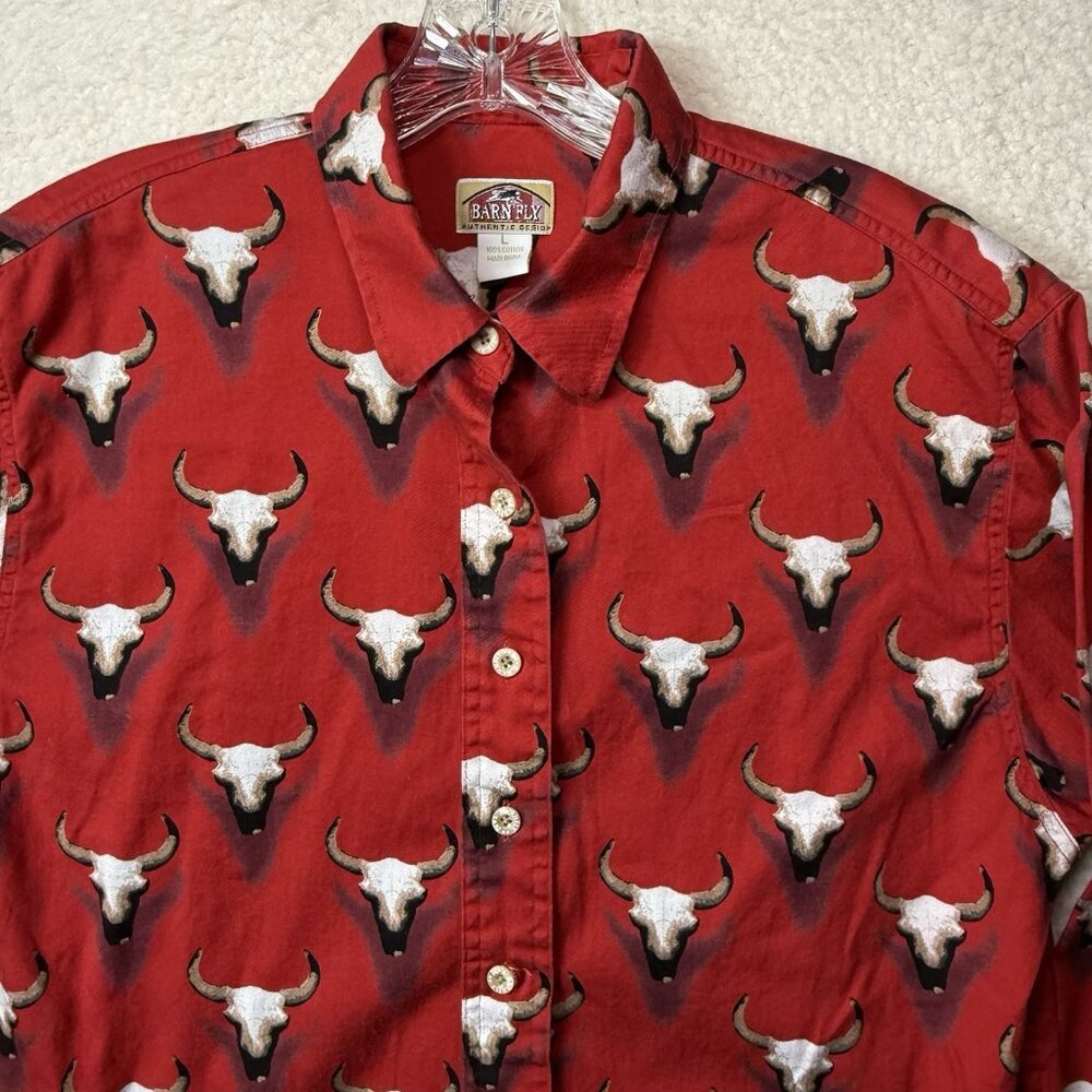 Vintage Barn Fly Shirt Women's Large Cowboy Western USA Steer Rodeo Ranch Red